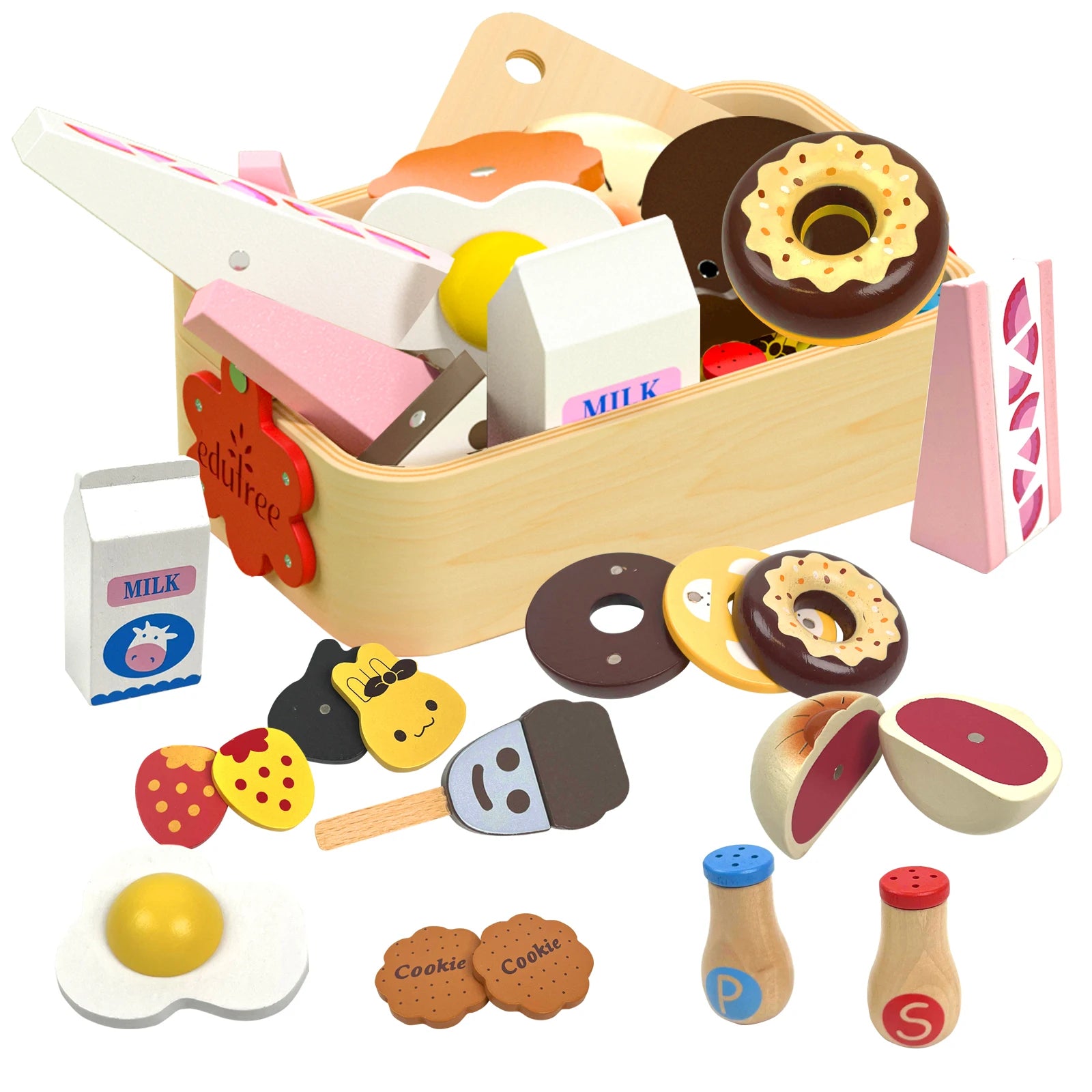 Educational wooden magnetic cutting playset with fruits, vegetables, and desserts. Comes in a wooden box for organized storage.