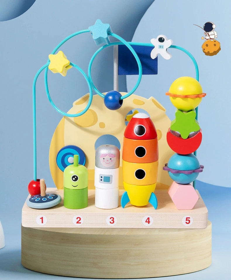 Children's educational toy with colorful beads and geometric shapes on a blue background