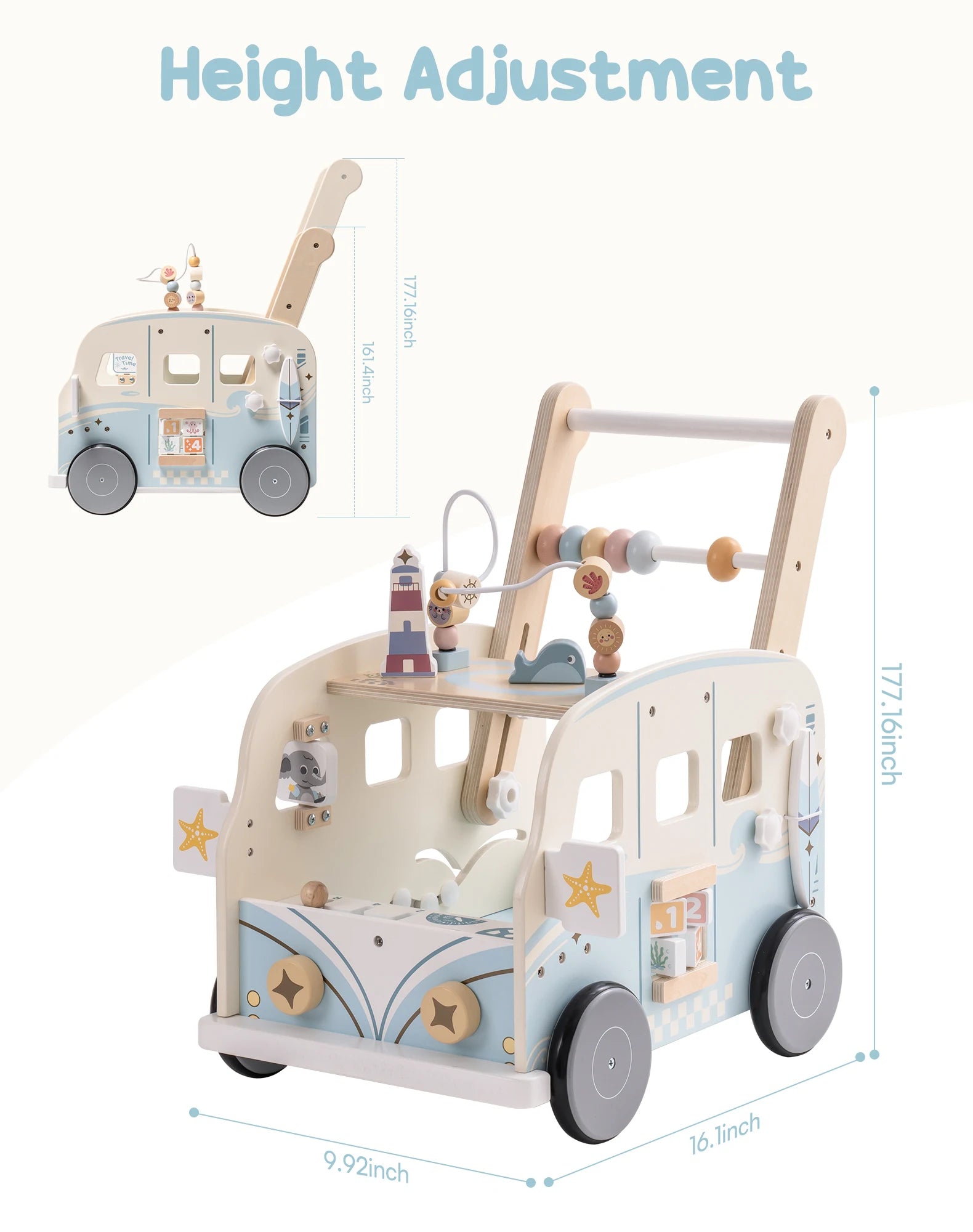 Wooden Baby Push-Along Activity Walker with Busy Board