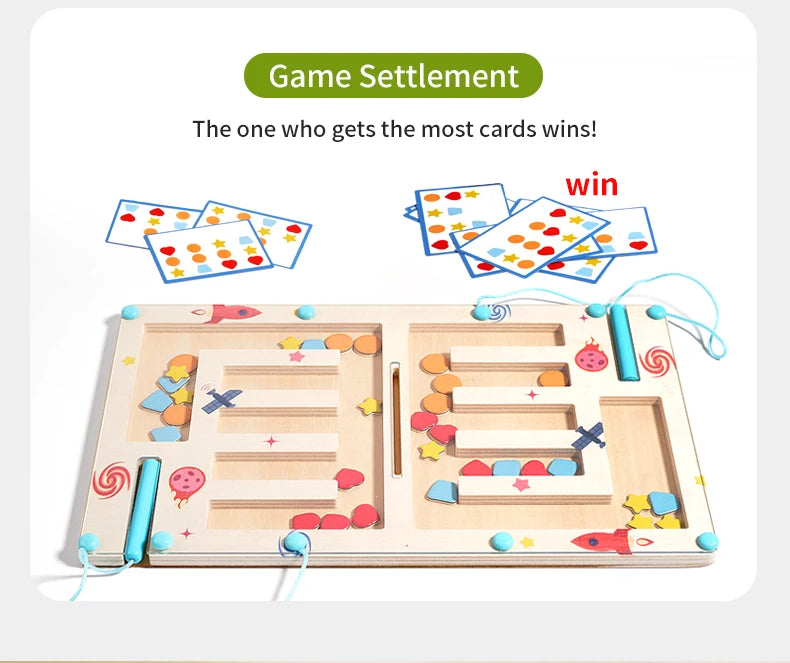 Wooden game board with colorful cards and text indicating game settlement and winner determination. Shape Maze – Magnetic Sorting Board | Oliver Montessori Toys