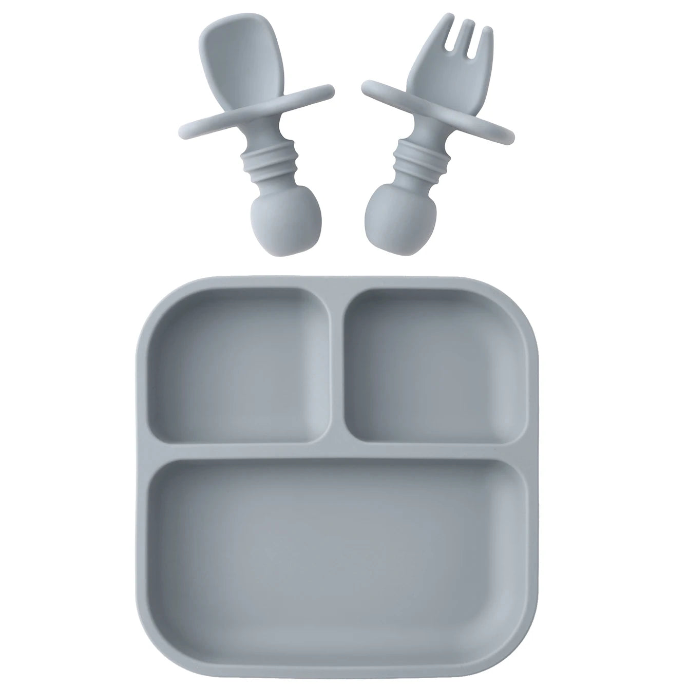 Gray children's plate with spoon and fork on a white background