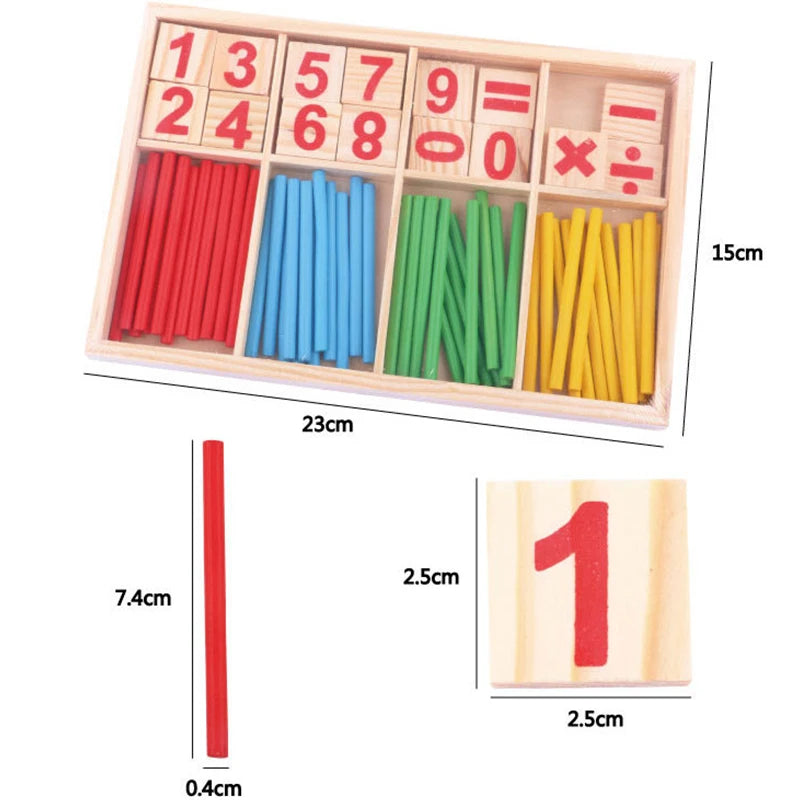 Wooden educational toy with colorful sticks and numbers, showing measurements.