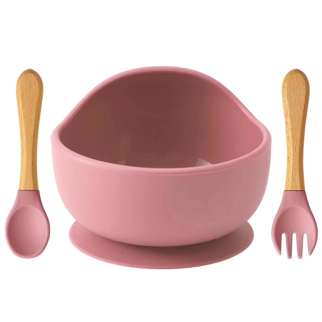Rose Pink silicone suction bowl with wooden spoon and fork
