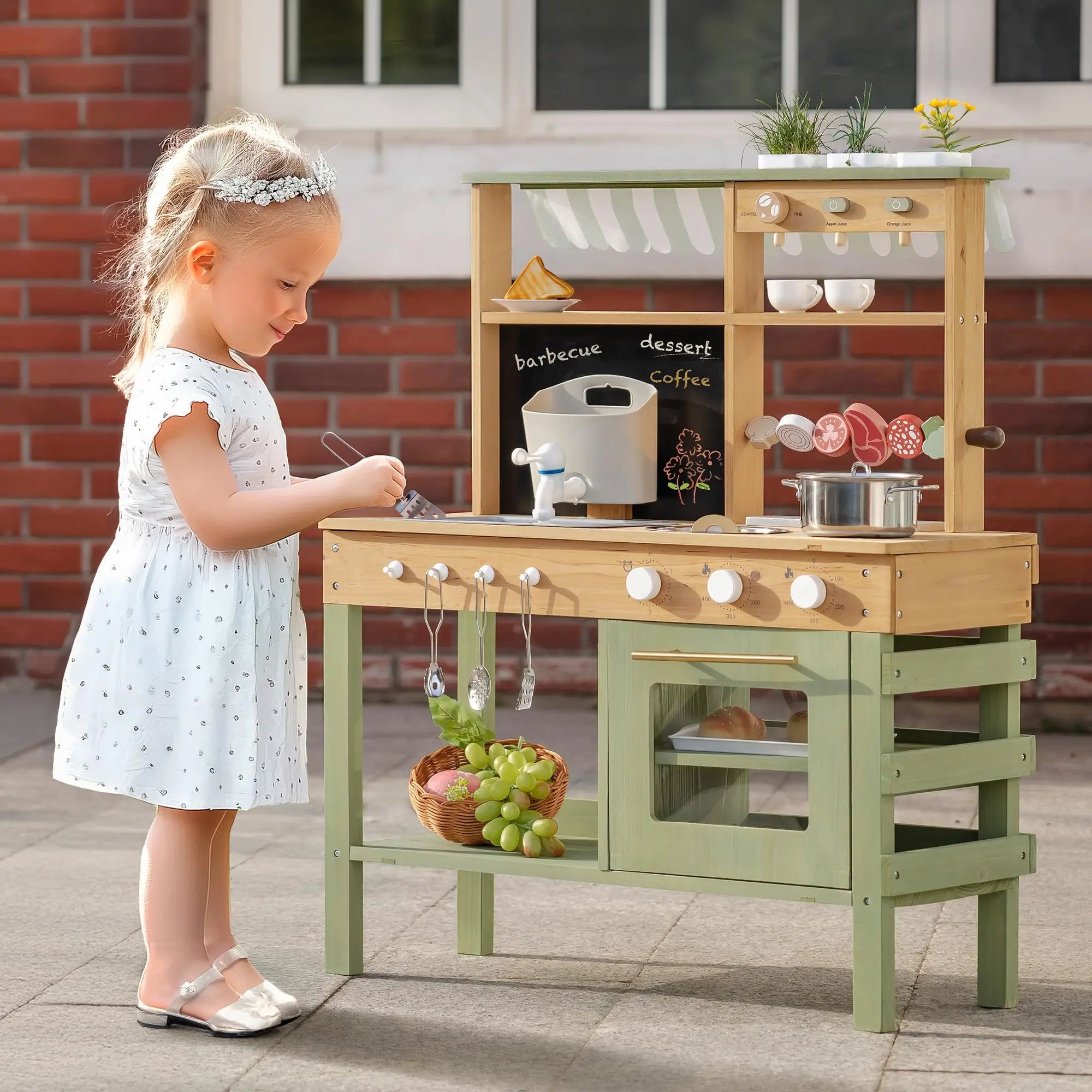 Wooden Mud Kitchen with Wheels - Outdoor Play Kitchen on Cart