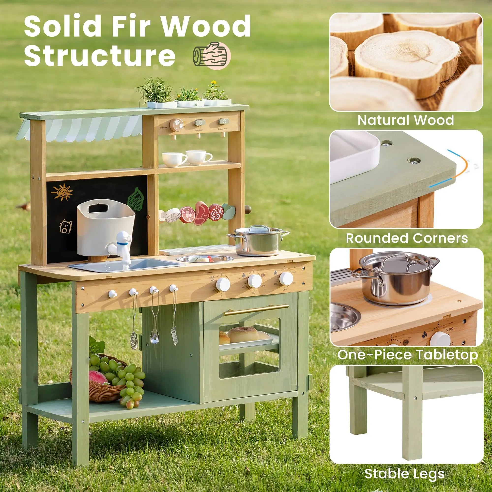 Wooden Mud Kitchen with Wheels - Outdoor Play Kitchen on Cart