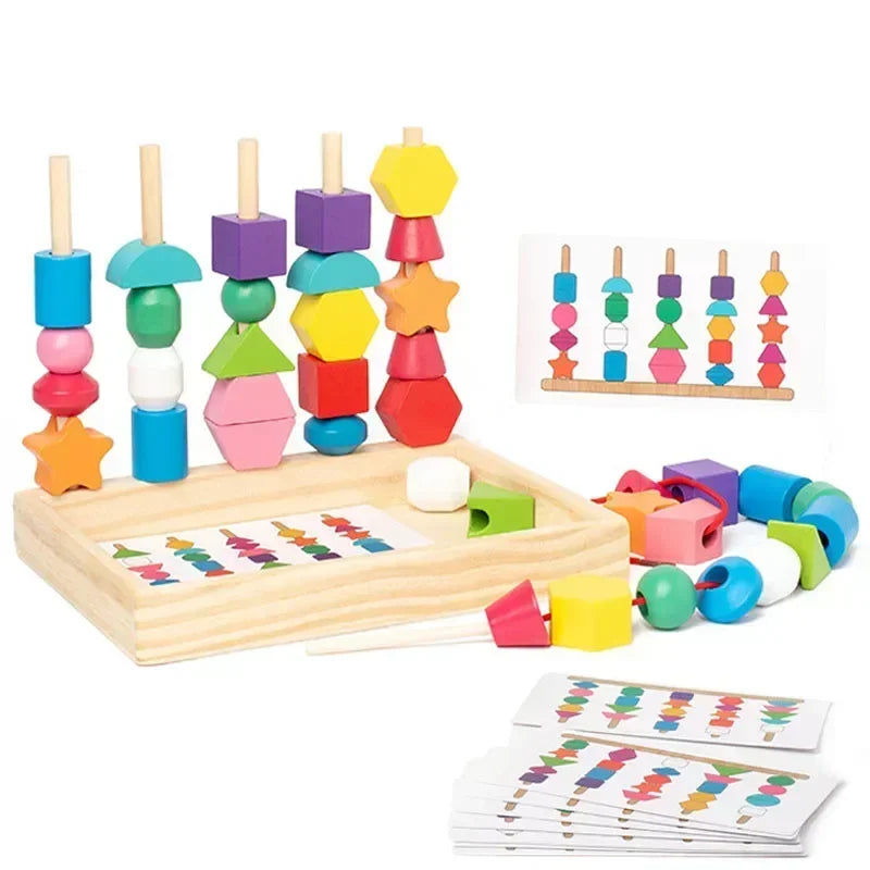 Colorful wooden educational toy set with beads and geometric shapes on a white background