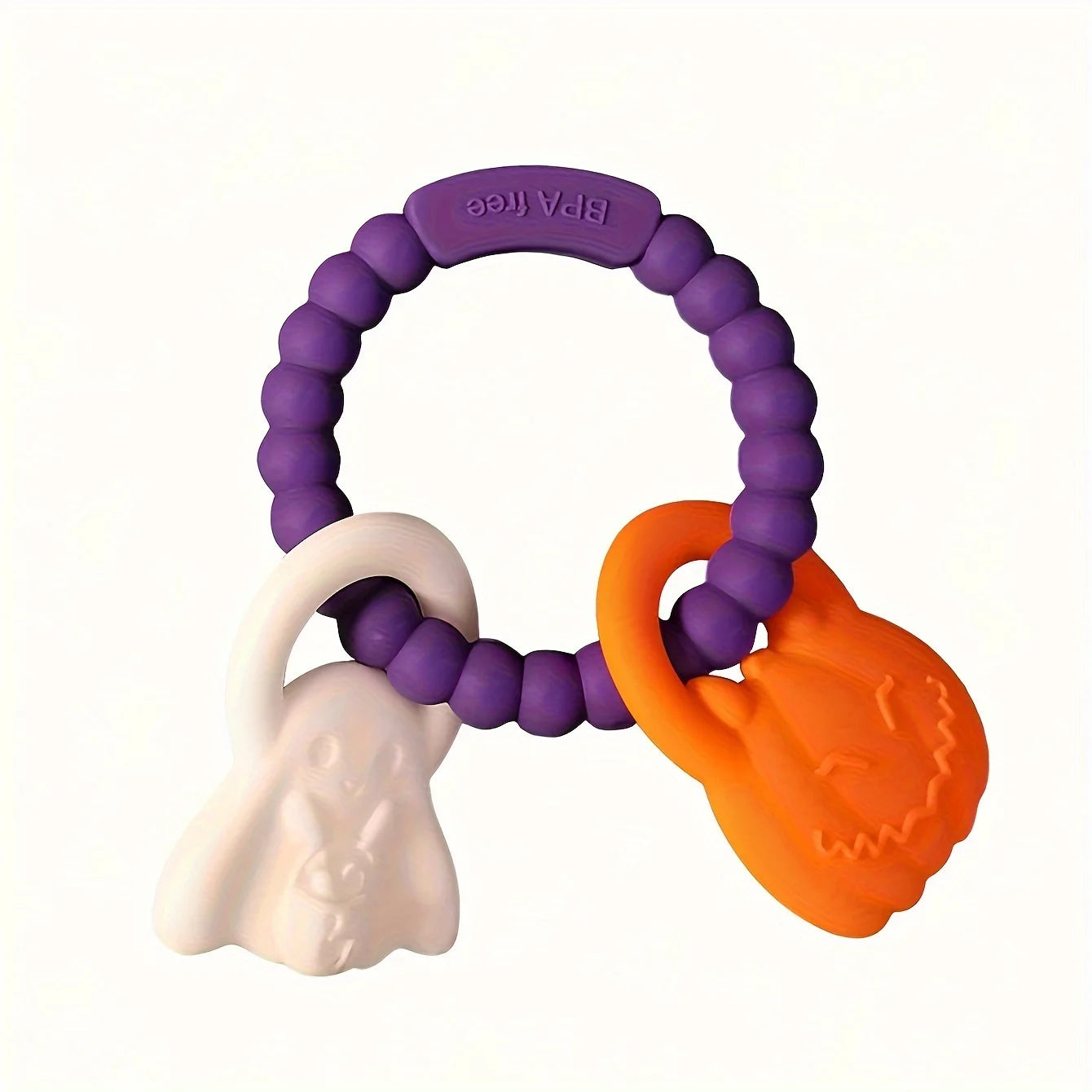 Purple teething ring with white and orange animal-shaped ends on a white background