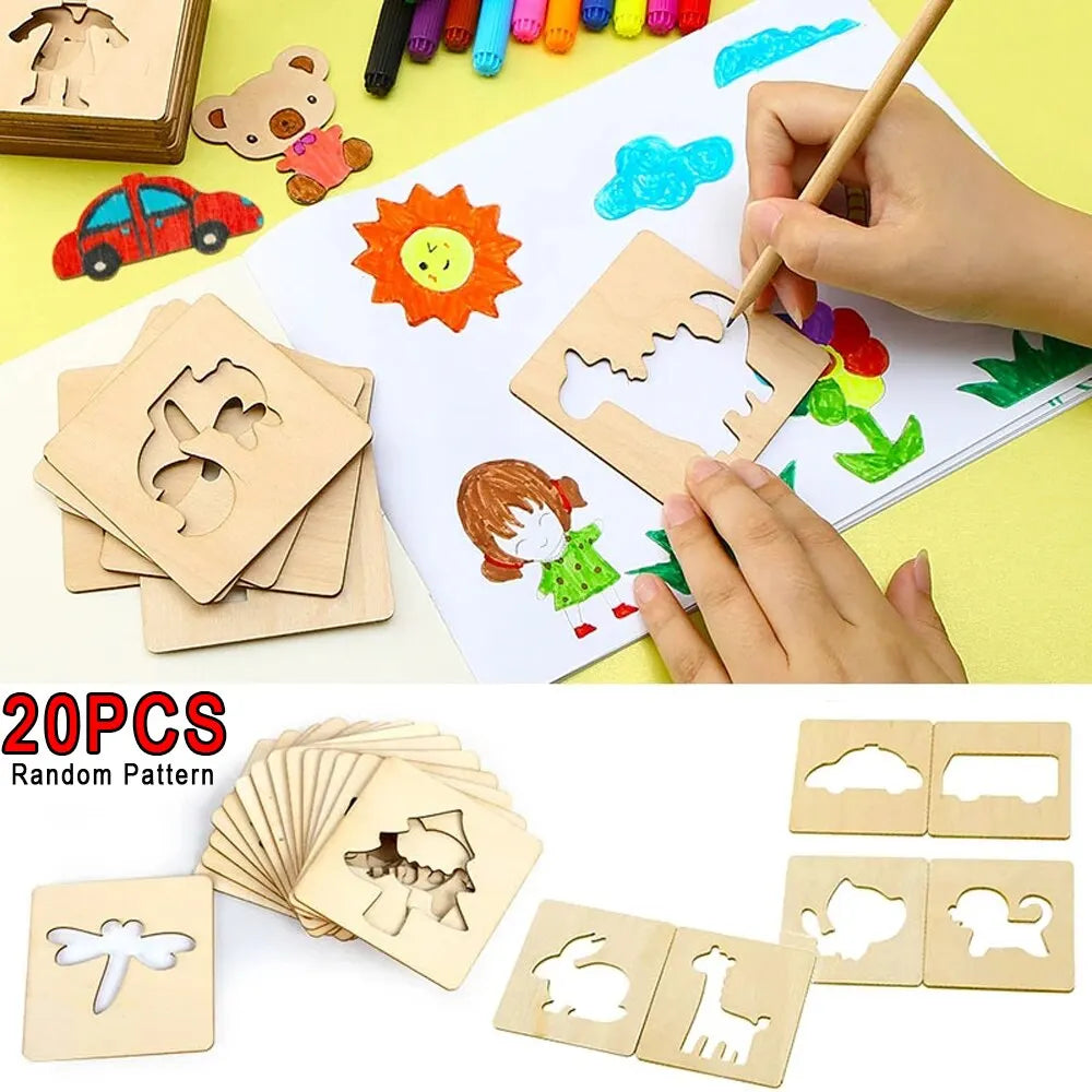 20-pcs Montessori Wooden DIY Drawing Stencils, showcasing a hand drawing a red car and sun on paper, encouraging creativity and fine motor skills for children.