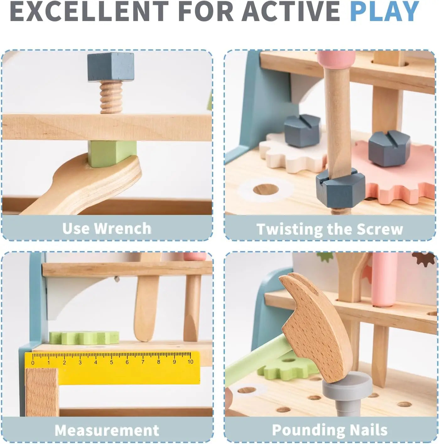 Wooden play set with tools and measurement tools, labeled for active play.