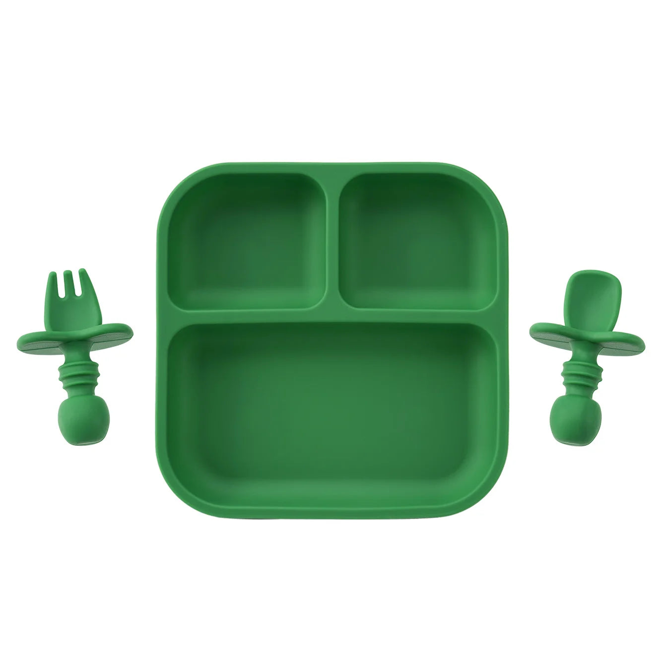 Square silicone suction plate set with spoon and fork in Green