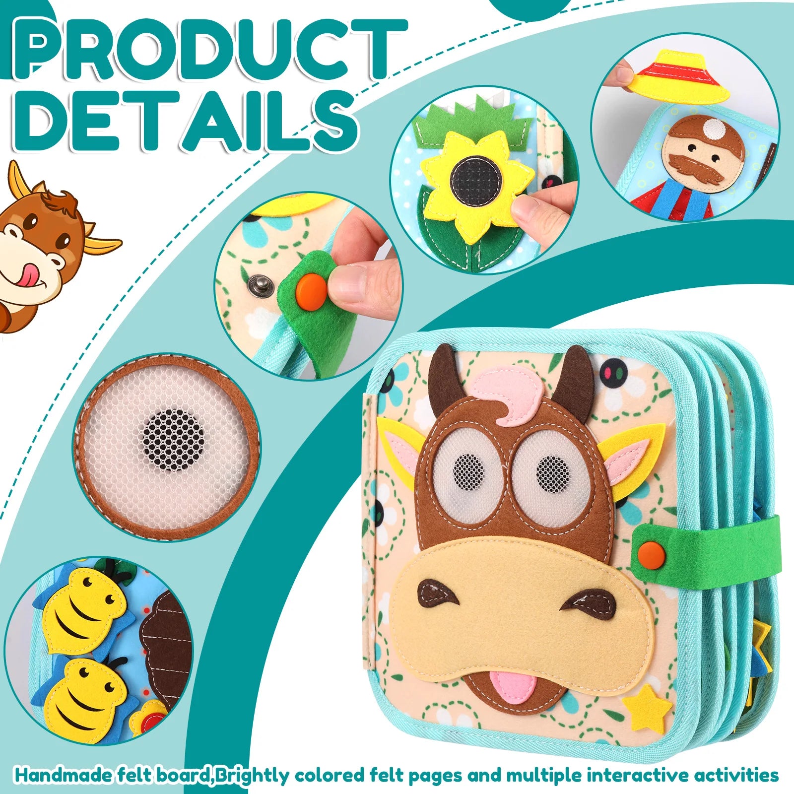 Handmade felt board with horse design and interactive elements on a blue background