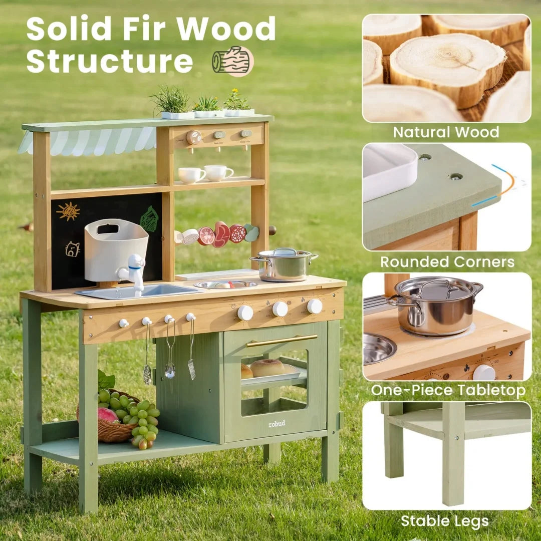 Wooden play kitchen set with solid fir wood structure on grass, showing natural wood texture and features.