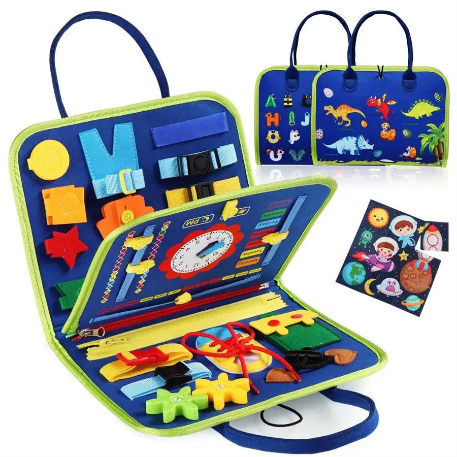 Educational toy set with colorful components in a blue carrying case on a white background