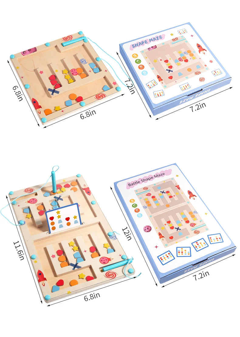 Wooden maze toys with colorful beads and measurement details on a white background Shape Maze – Magnetic Sorting Board | Oliver Montessori Toys