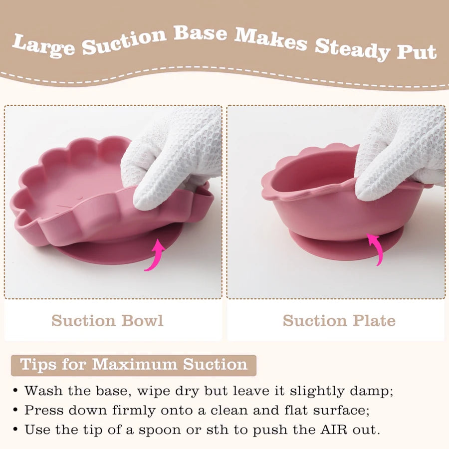Pink suction bowl and plate with text on a beige background
