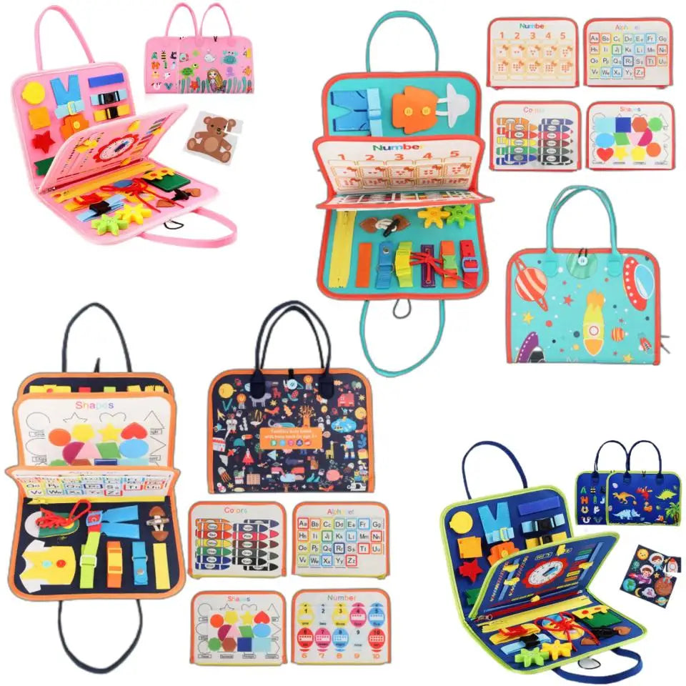 Set of colorful educational toys in portable cases on a white background