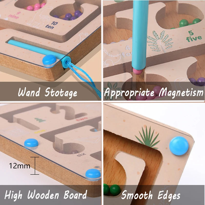 Wooden educational toy with magnetic balls, showing features like wand storage, appropriate magnetism, high wooden board, and smooth edges.