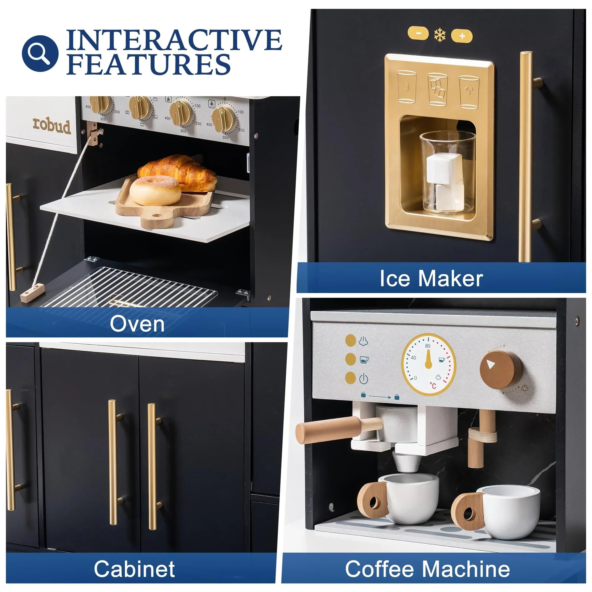 Collage of a kitchen set with oven, cabinet, ice maker, and coffee machine labeled 'Interactive Features'.