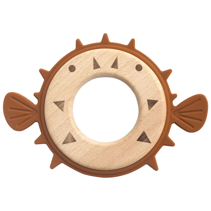 Clay pufferfish teether with wooden ring