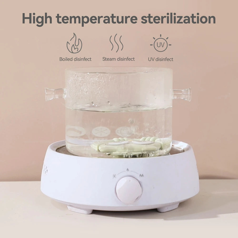 White sterilizer with water and objects inside, on a beige background with text about high temperature sterilization methods.