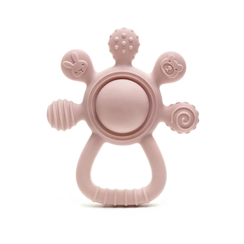 Pink baby teether with bunnies on a white background