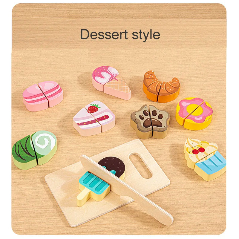 Wooden dessert toy set with cutting board on a wooden surface