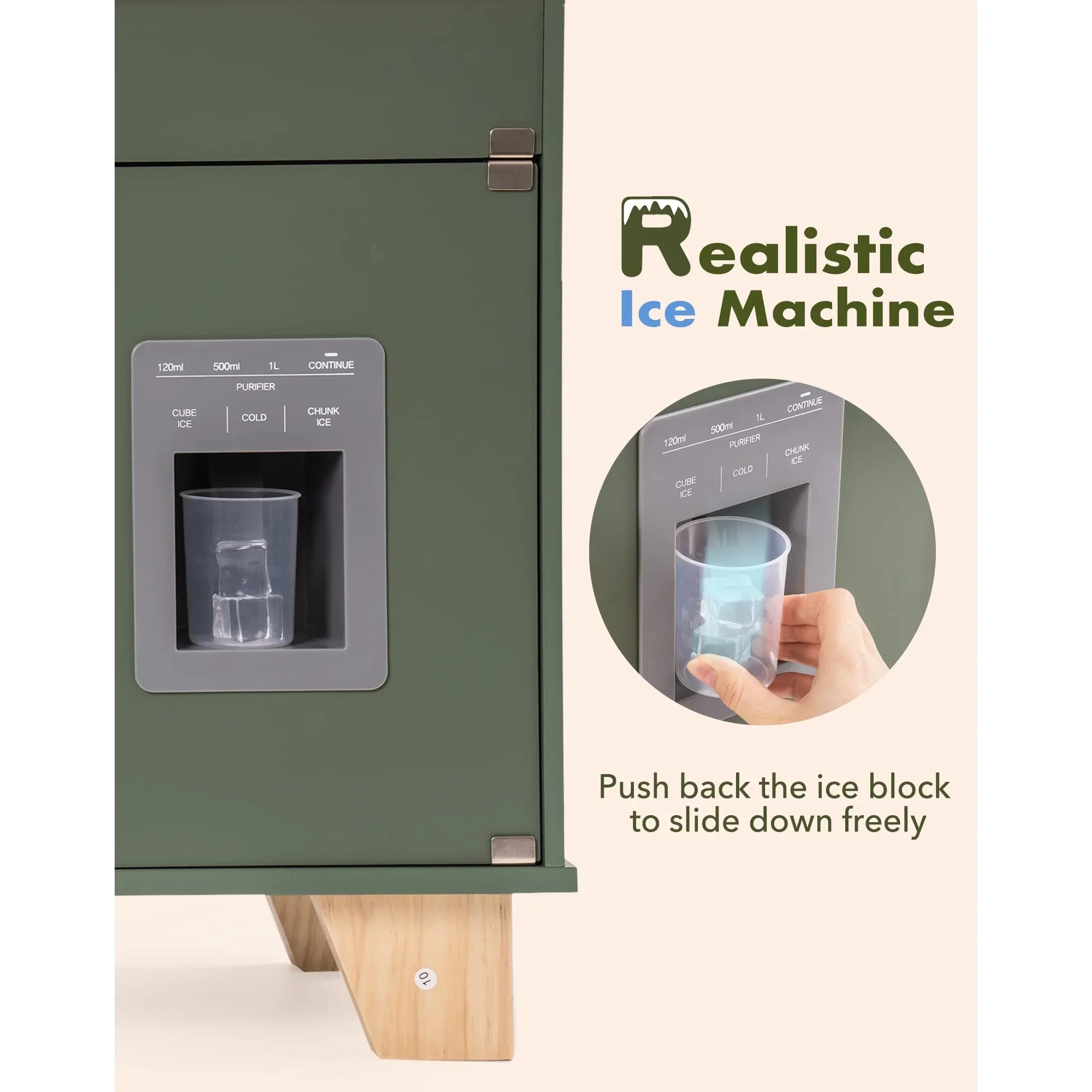 Green ice machine with a close-up of the ice block dispensing area and text indicating 'Realistic Ice Machine'.