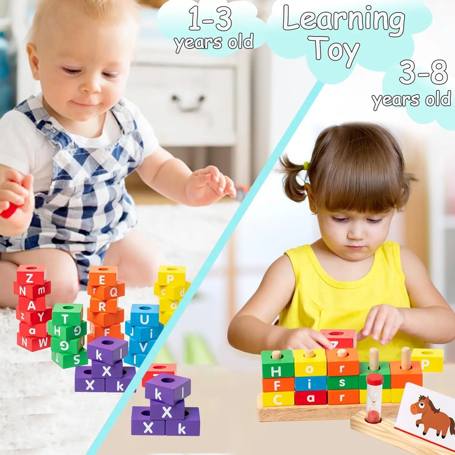 Wooden Number & Letter Matching Puzzle: Educational stacking toy for kids 3-8. Build skills in spelling, math, and logic while promoting creativity.