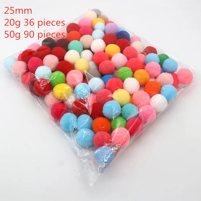 8-30mm Mixed High Elasticity Soft Pompoms in a clear bag, ideal for creative DIY crafts, showcasing their fluffy texture and versatility for various projects.