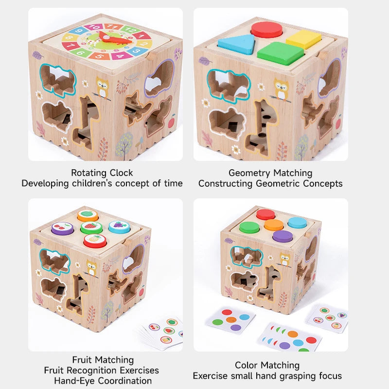 Wooden educational toy cube with various shapes and functions on a white background