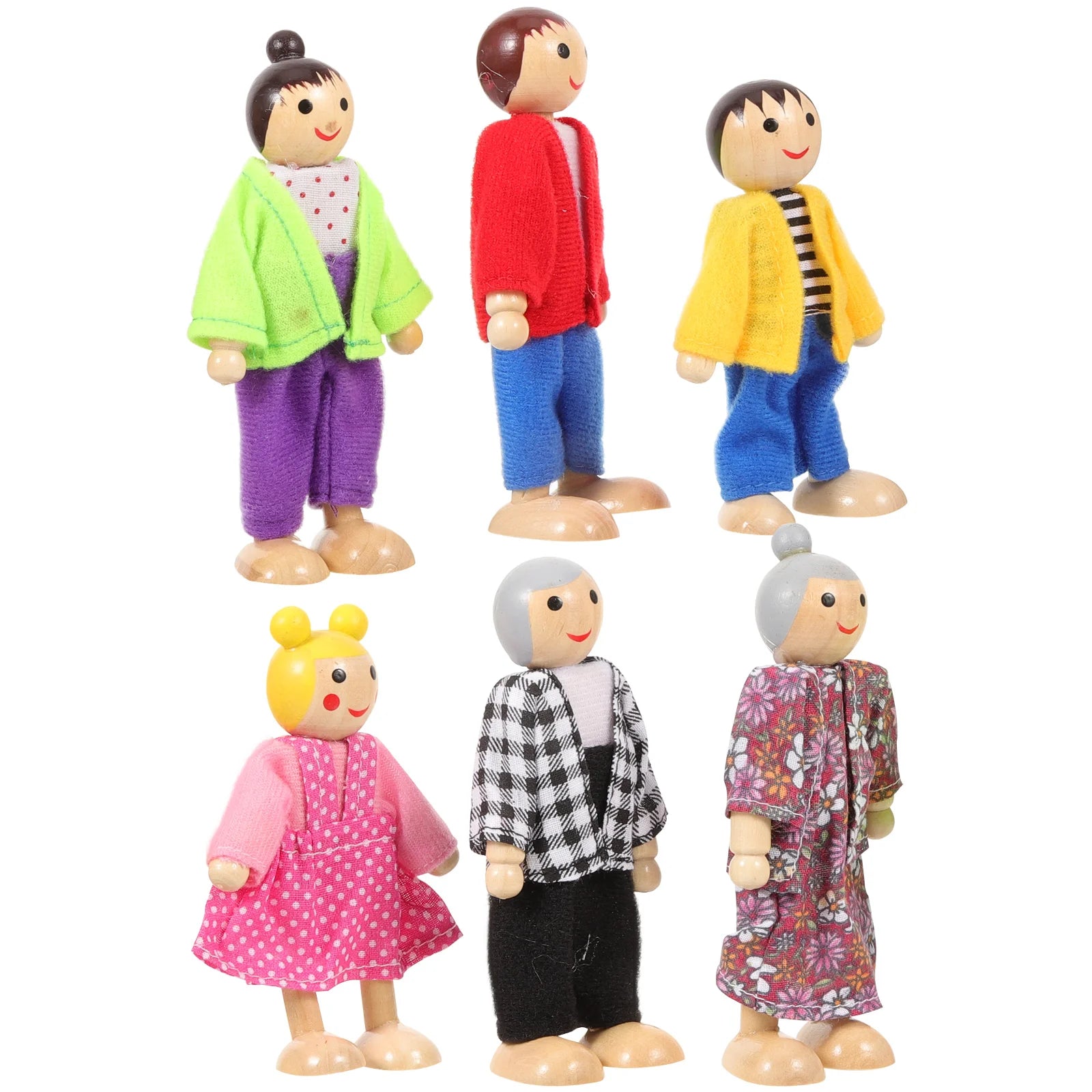 Set of six colorful figurines wearing different outfits on a white background