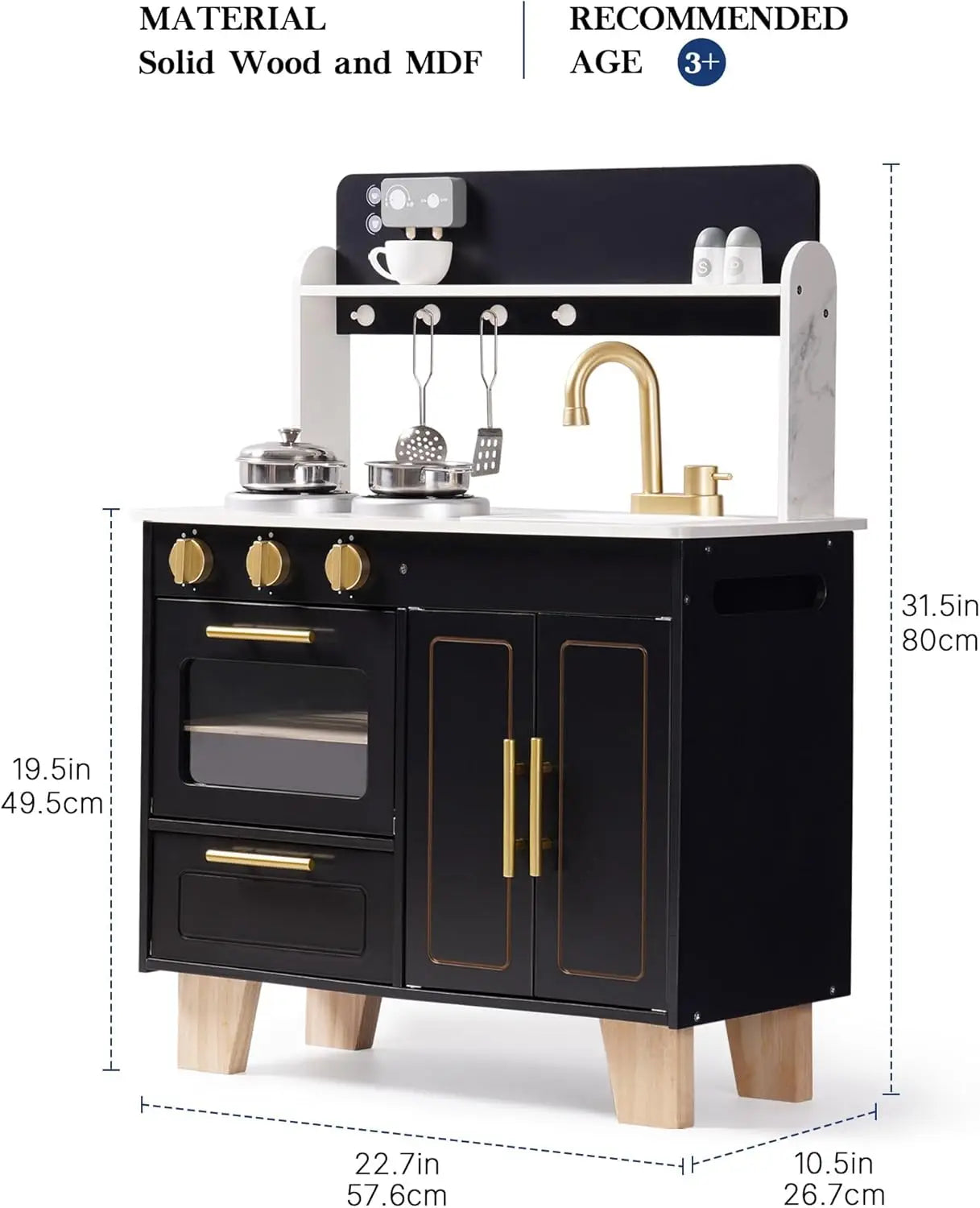 Black toy kitchen set with measurements on a white background