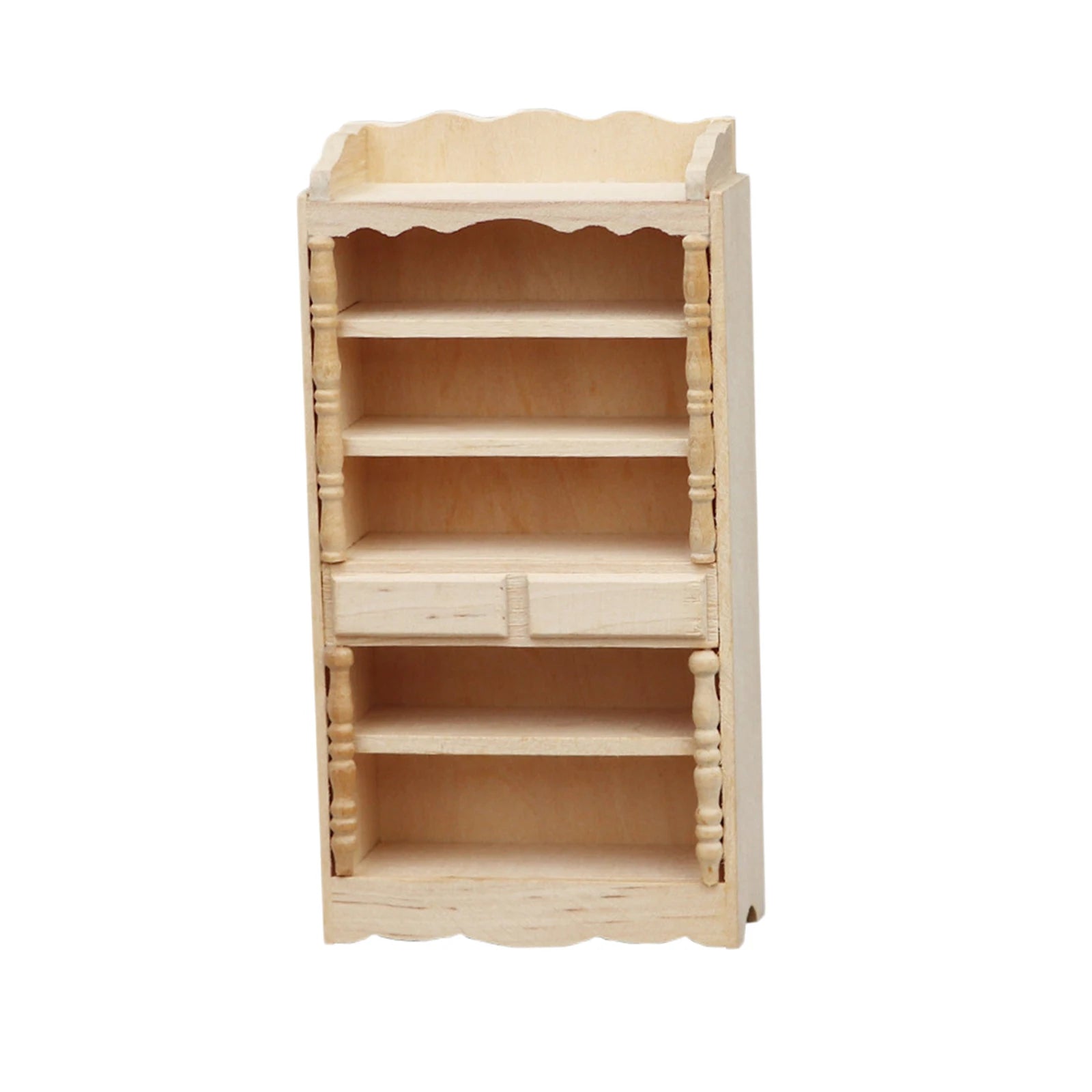 Wooden bookshelf with decorative edges on a white background