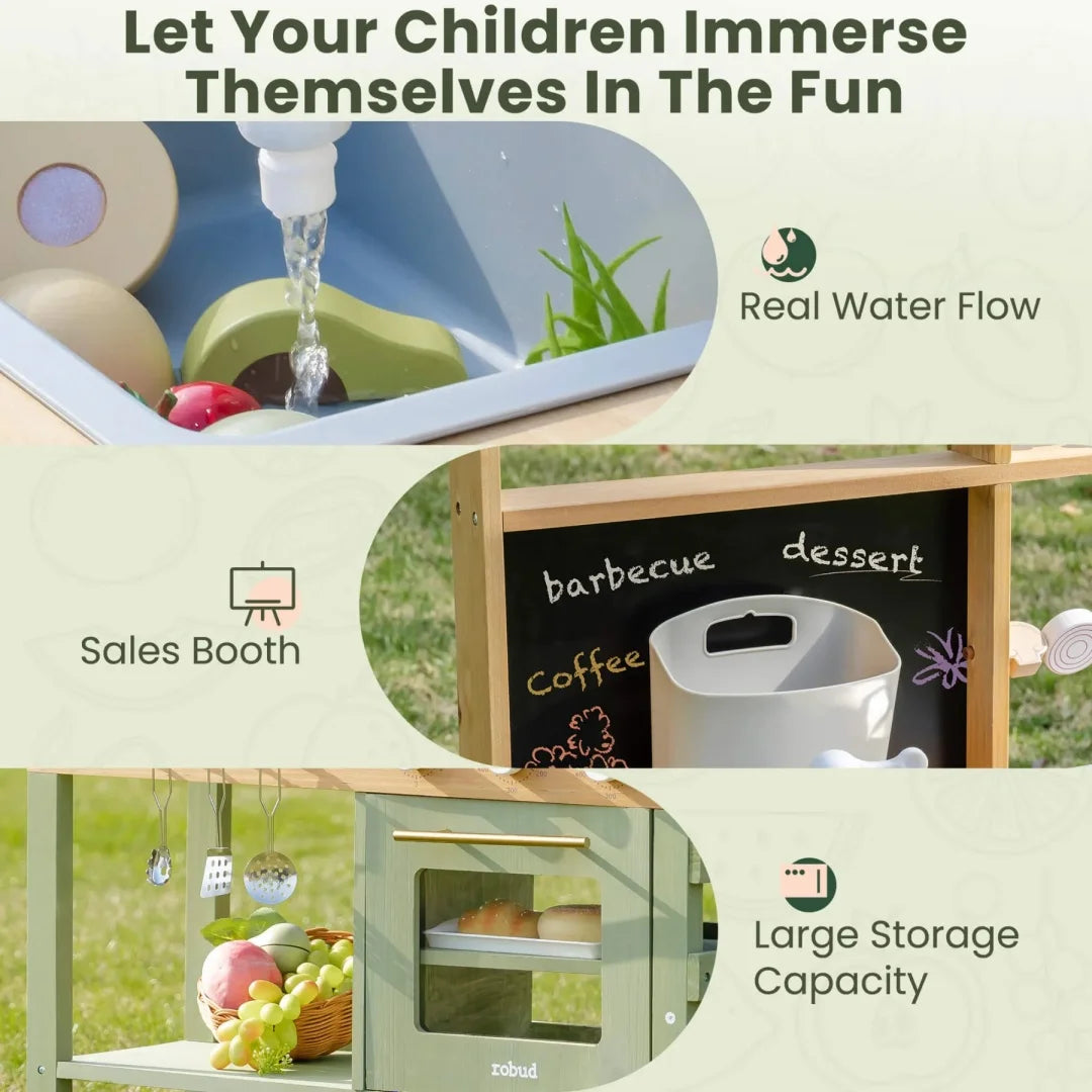 Children's play area with water flow, sales booth, and storage capacity features.