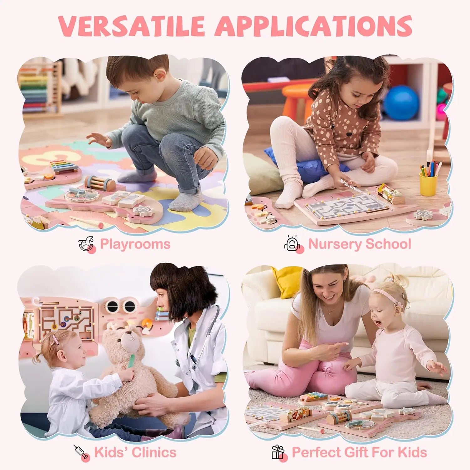 Children playing with educational toys in various settings like playrooms, nursery schools, and clinics.