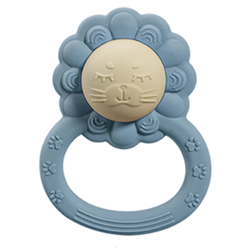 Blue and beige teething ring with lion design on a white background