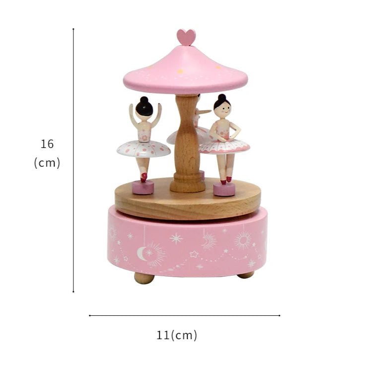 Wooden music box with ballerina design and measurements on a white background