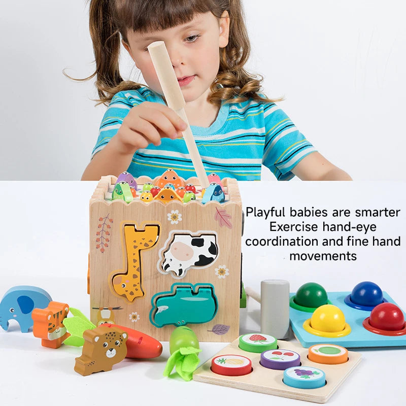 Child playing with a wooden educational toy set on a white background