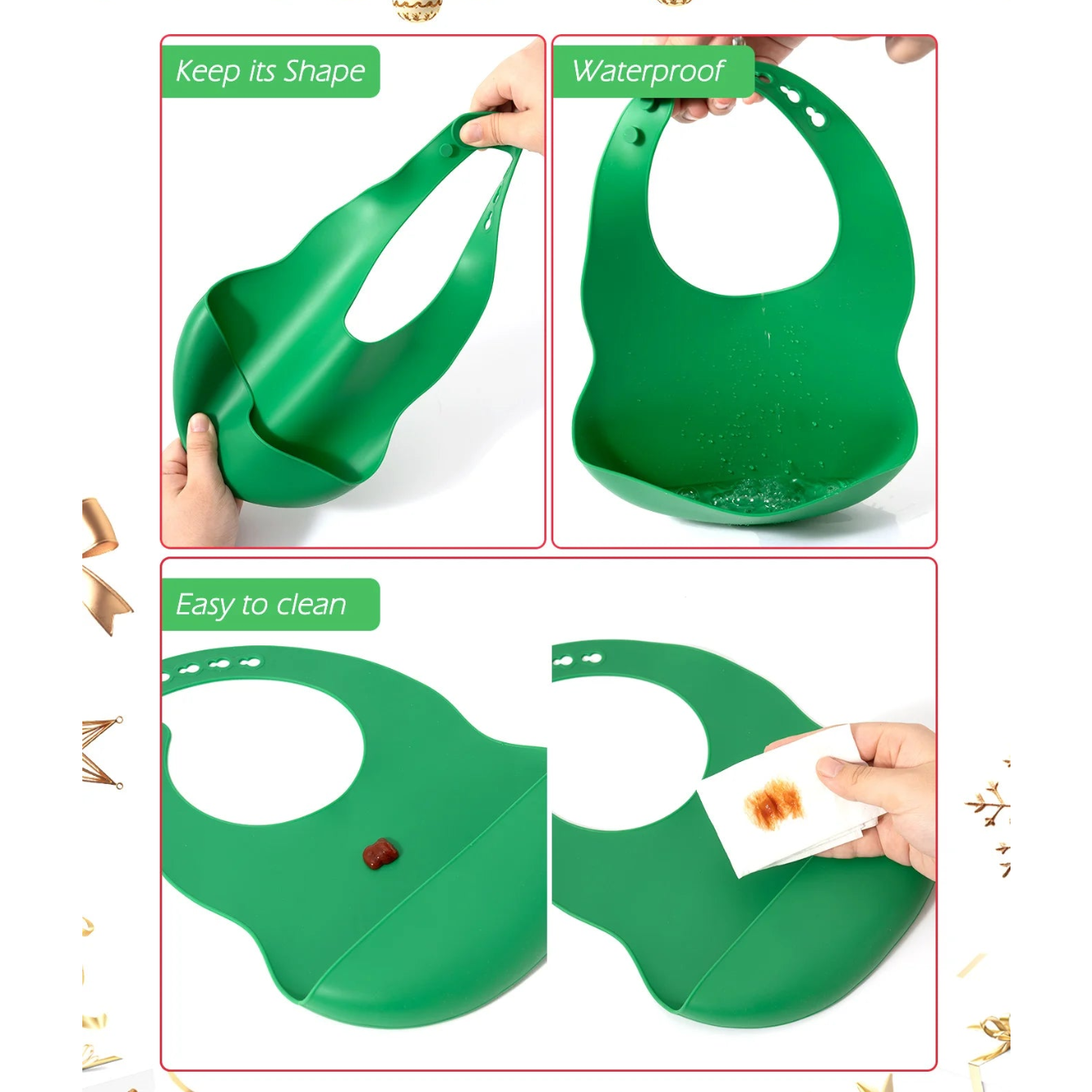 Bib features: waterproof, adjustable strap and easy to clean
