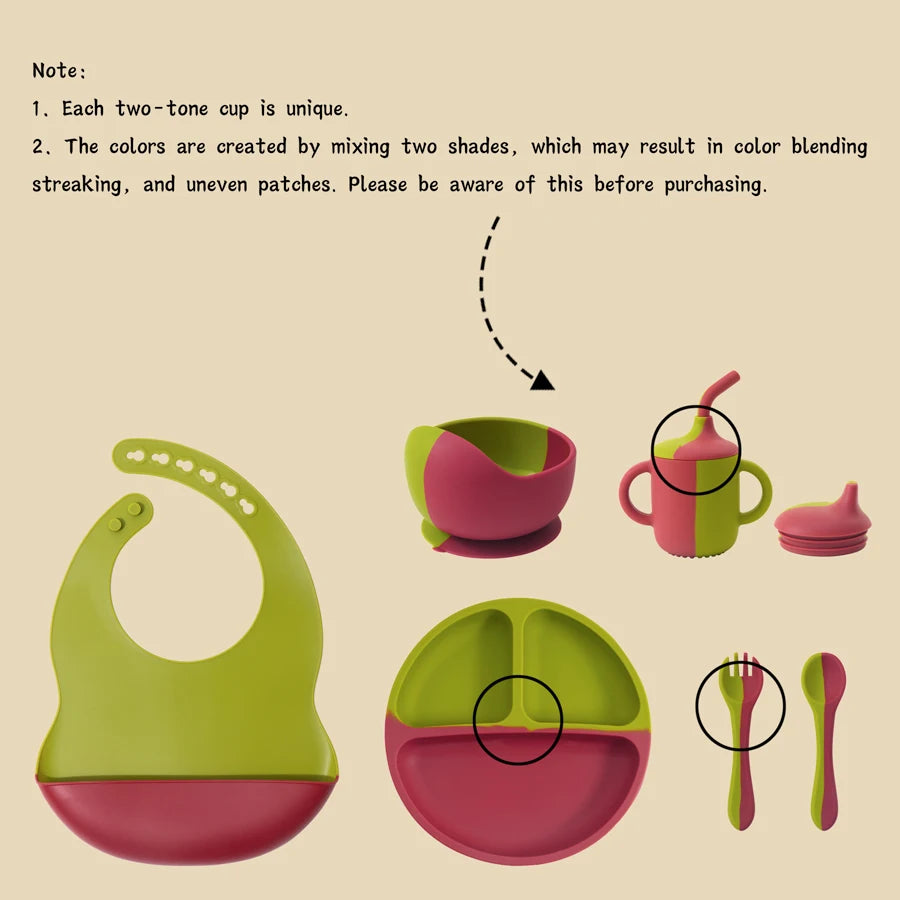 A beige informational graphic showing a set of baby feeding accessories: a lime green and magenta bib, a divided plate, a sippy cup, a small bottle, and utensils. Text at the top explains that each two-tone cup is unique and describes the color blending process.