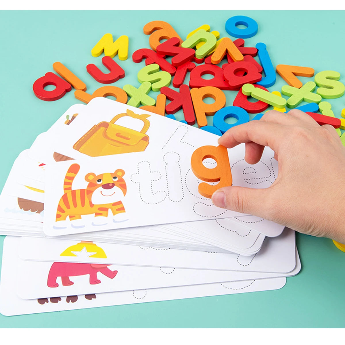 Wooden Letter Spelling Game with Picture Cards for Kids Ages 3-6