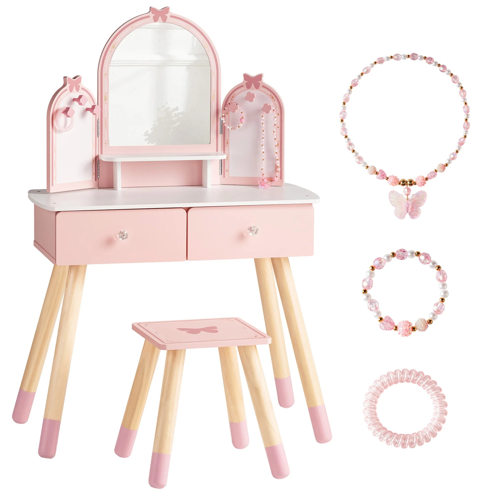 Wooden Kids Vanity Table with Mirror and Stool