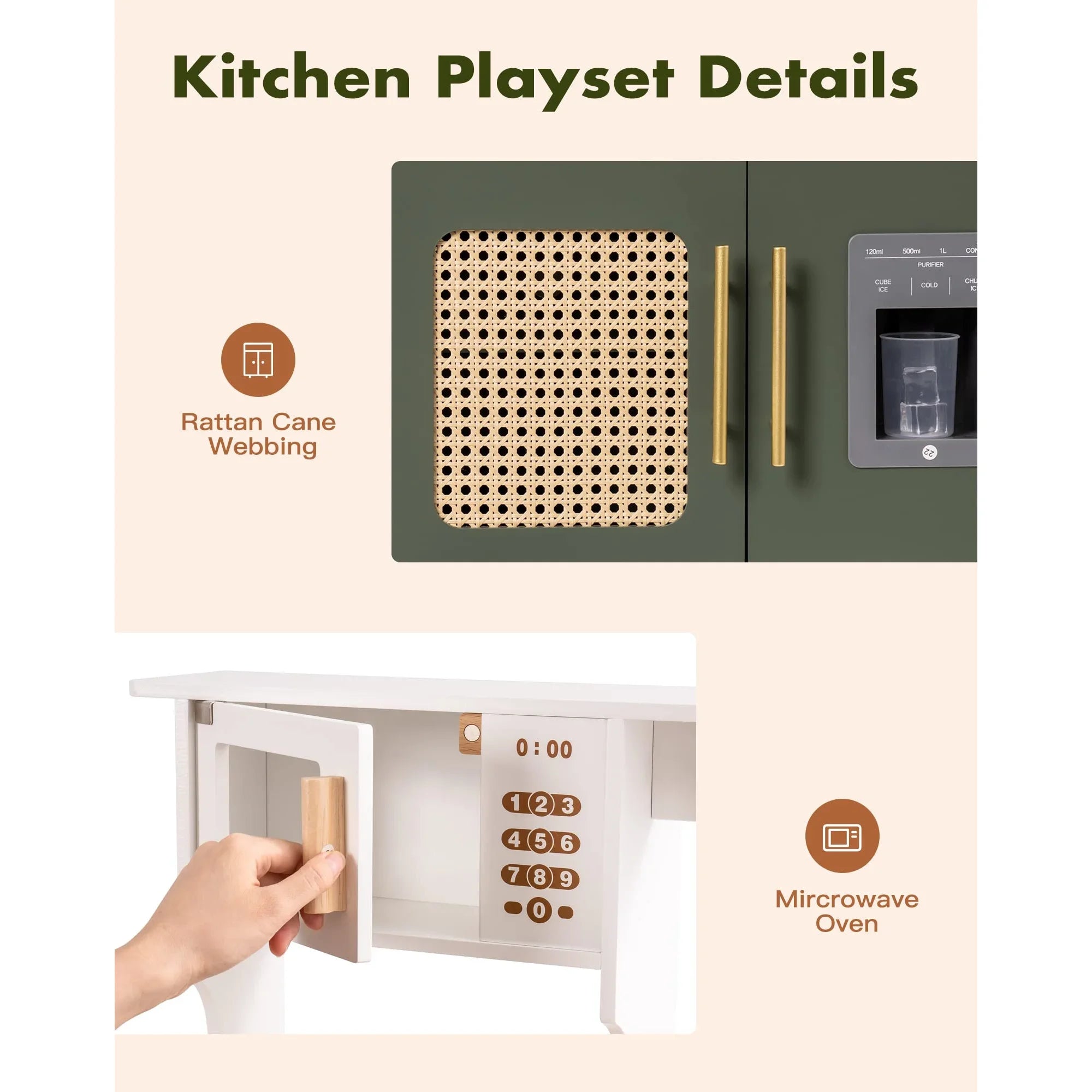 Play kitchen set with microwave oven and rattan cane webbing details on a beige background