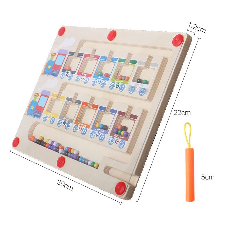 Wooden educational toy with colorful beads and measurement details on a white background