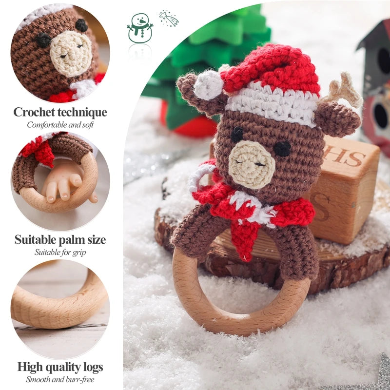 Crochet Snowman & Reindeer Rattle Toy with a crochet bear and wooden teether, ideal for festive, eco-friendly playtime from Oliver & Company Montessori Toys.
