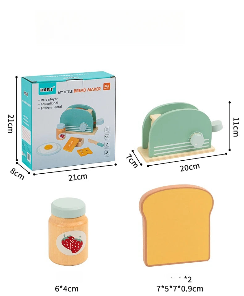 Toy bread maker set with packaging, toy bread, and jar of jam, showing measurements.