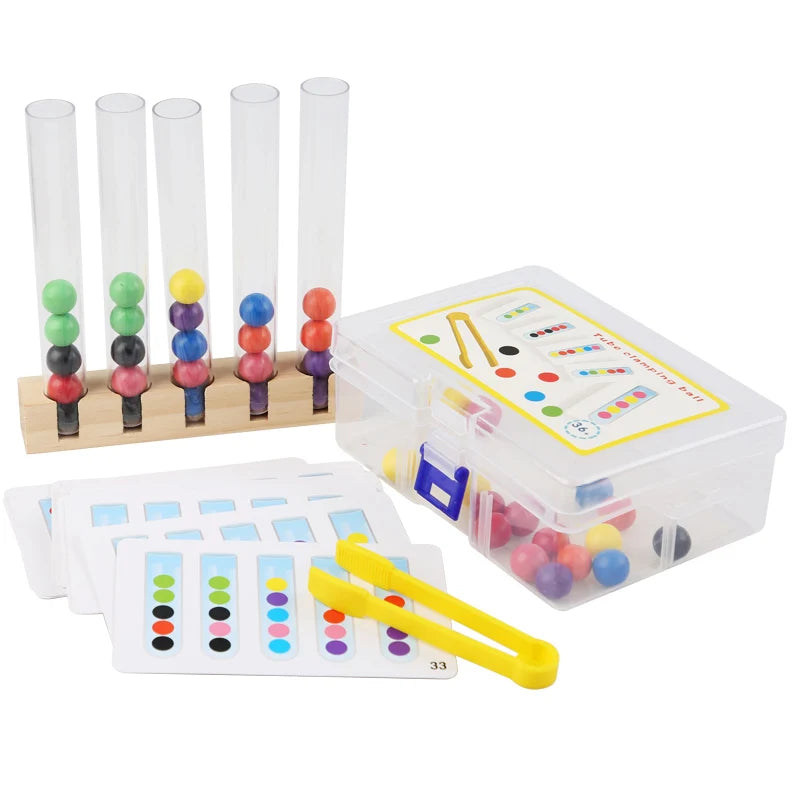 Five Test Tube Clip Beads Educational Game set with colorful balls, test tubes, tweezers, and activity cards for enhancing fine motor skills and cognitive development.