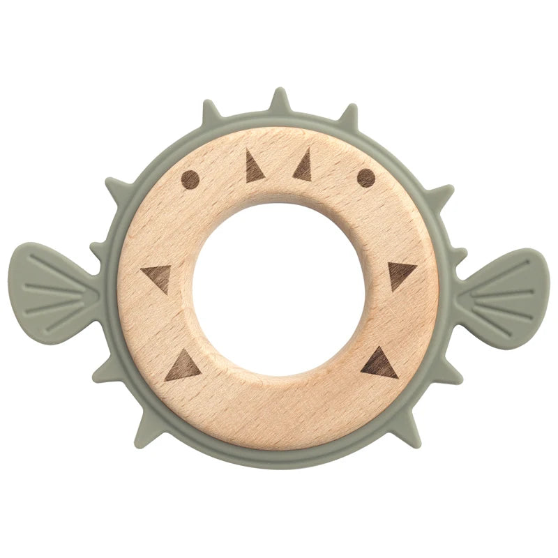 Sage pufferfish teether with wooden ring