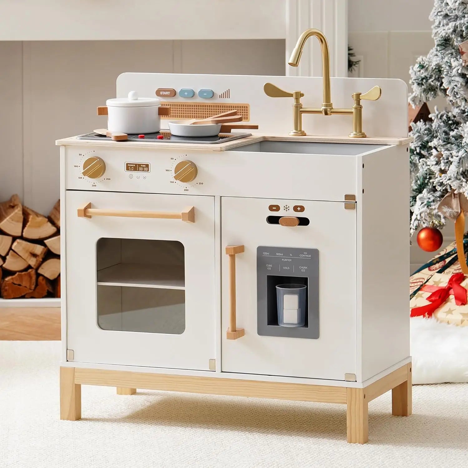 Children's play kitchen set with white stove and wooden base in a room setting.