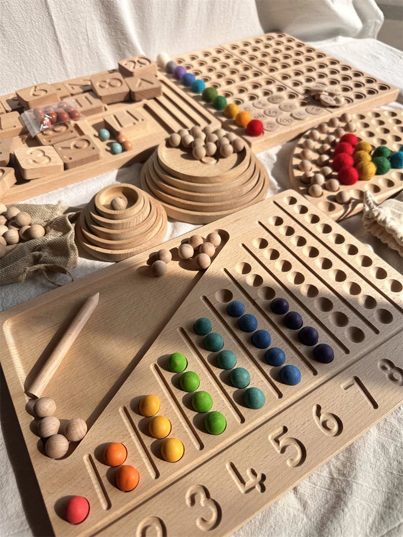 Wooden 100 Peg Board with Beads, Alphabets, and Numbers